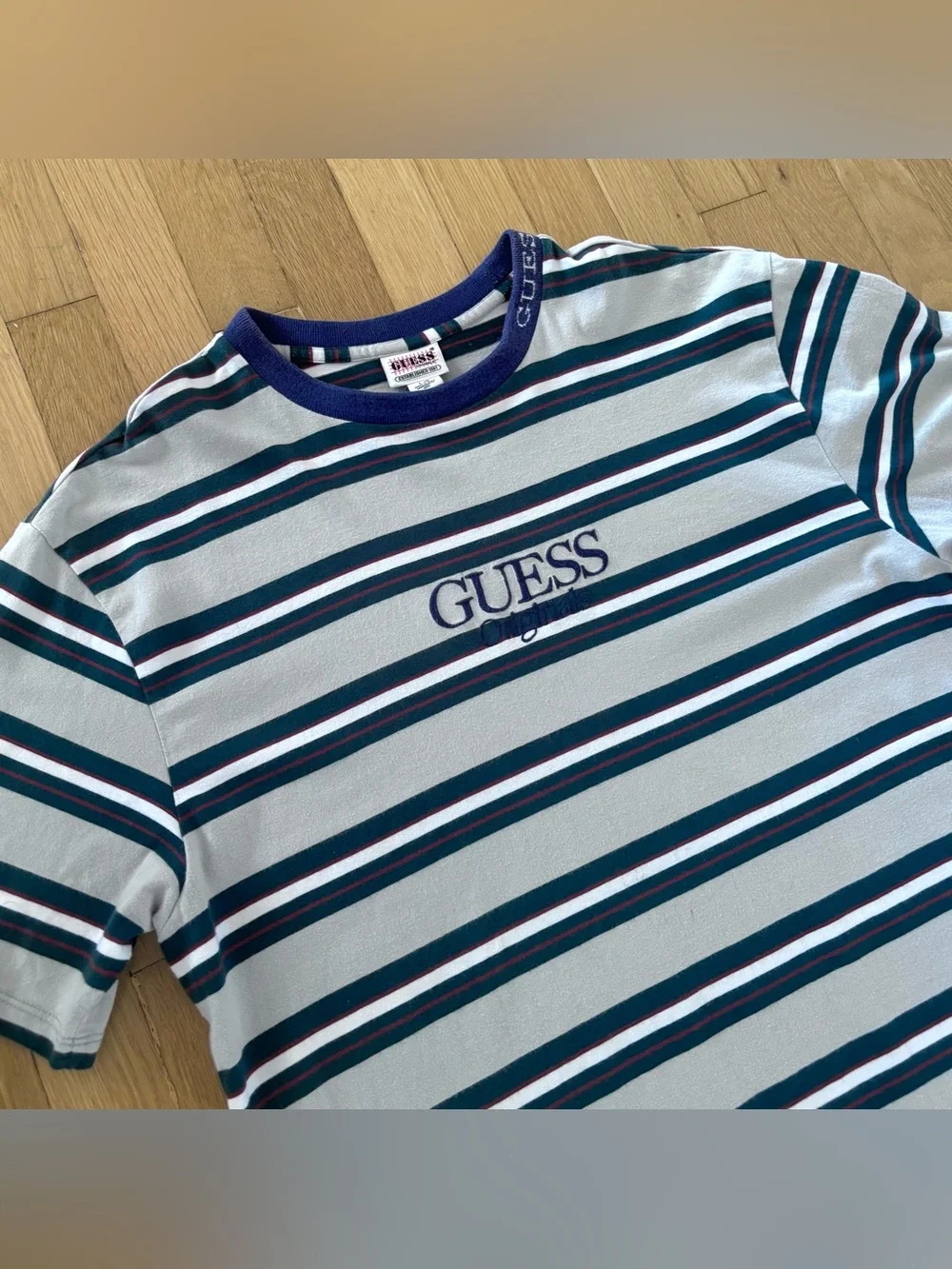 Vintage 90s Guess Originals Shirt Mens Large Embroidered Collar Cream Green - Picture 5 of 9